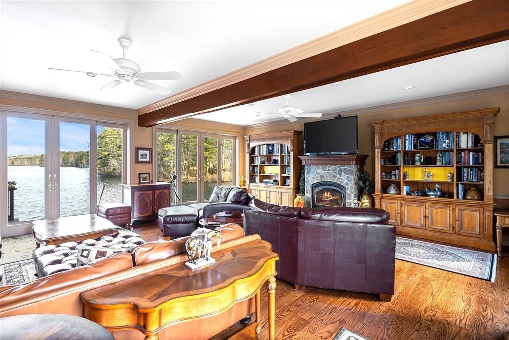 Fireplace, Interior, Living room, Recessed Lighting, Water, Wood Texture Flooring