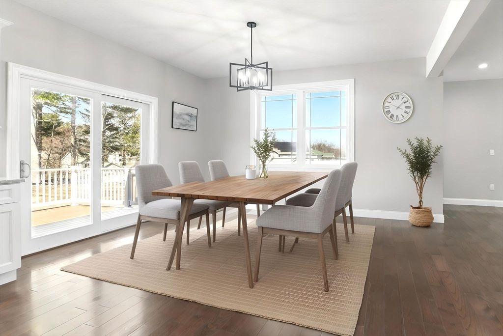 Dining room, Interior, Pendant Lights, Recessed Lighting, Wood Texture Flooring
