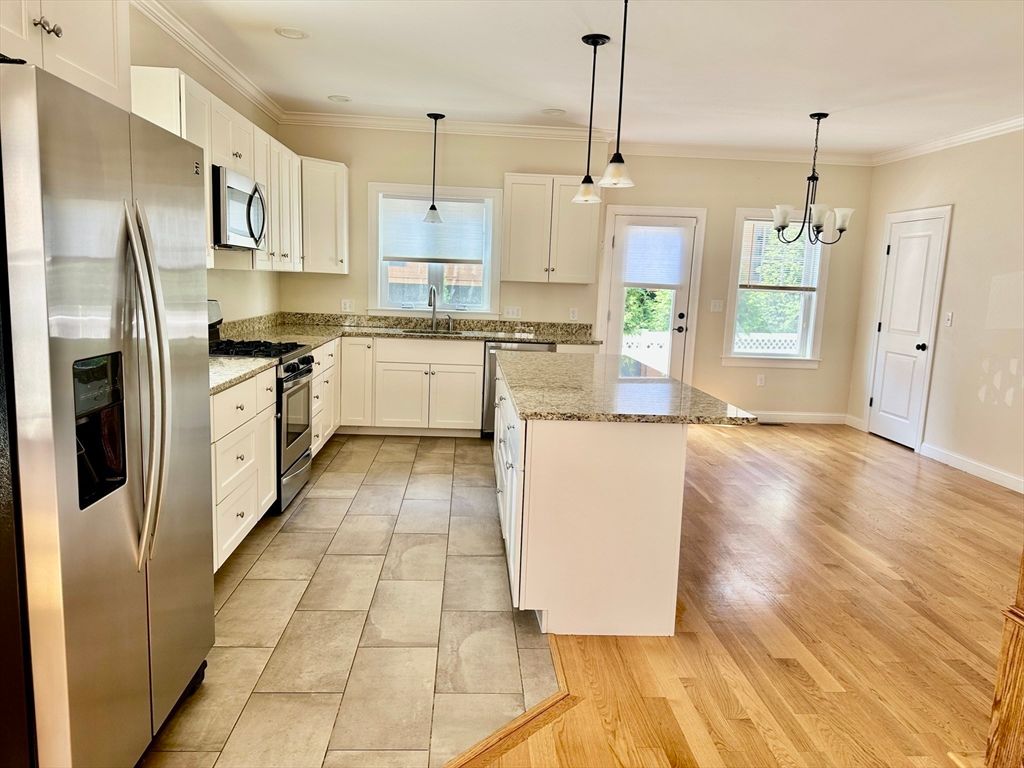 Interior, Kitchen, Pendant Lights, Stainless Steel Appliances, Wood Texture Flooring