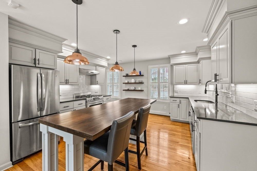 Interior, Kitchen, Pendant Lights, Recessed Lighting, Stainless Steel Appliances, Wood Texture Flooring