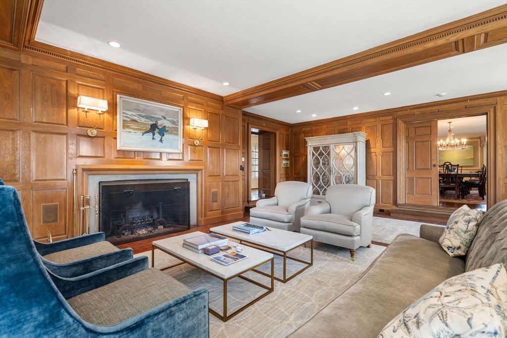 Chandelier, Dining room, Fireplace, Interior, Living room, Recessed Lighting, Wooden Walls