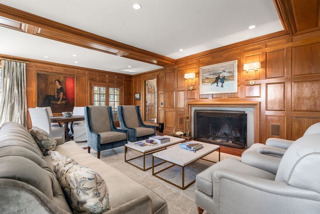 Dining room, Fireplace, Interior, Living room, Recessed Lighting, Wooden Walls