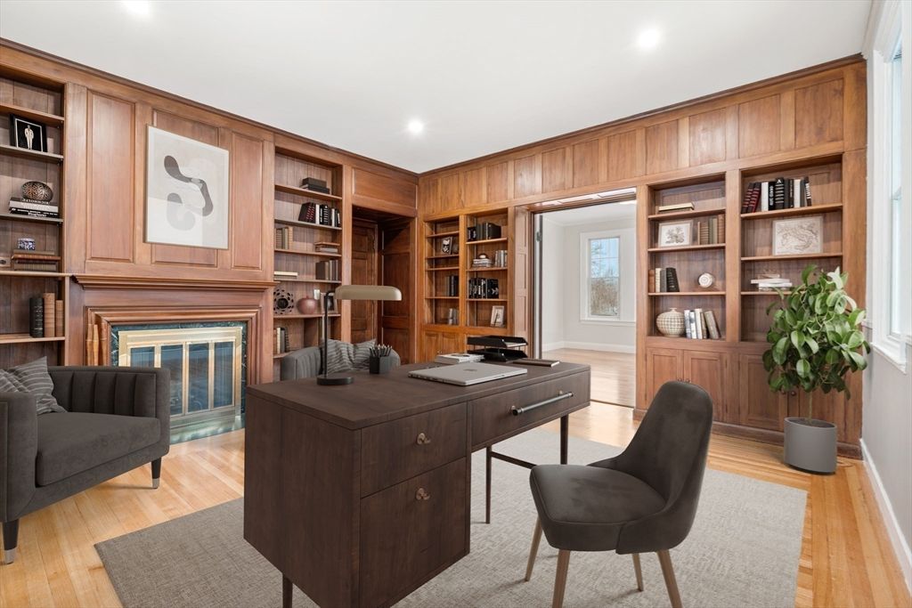 Fireplace, Home Office, Interior, Recessed Lighting, Wood Texture Flooring, Wooden Walls