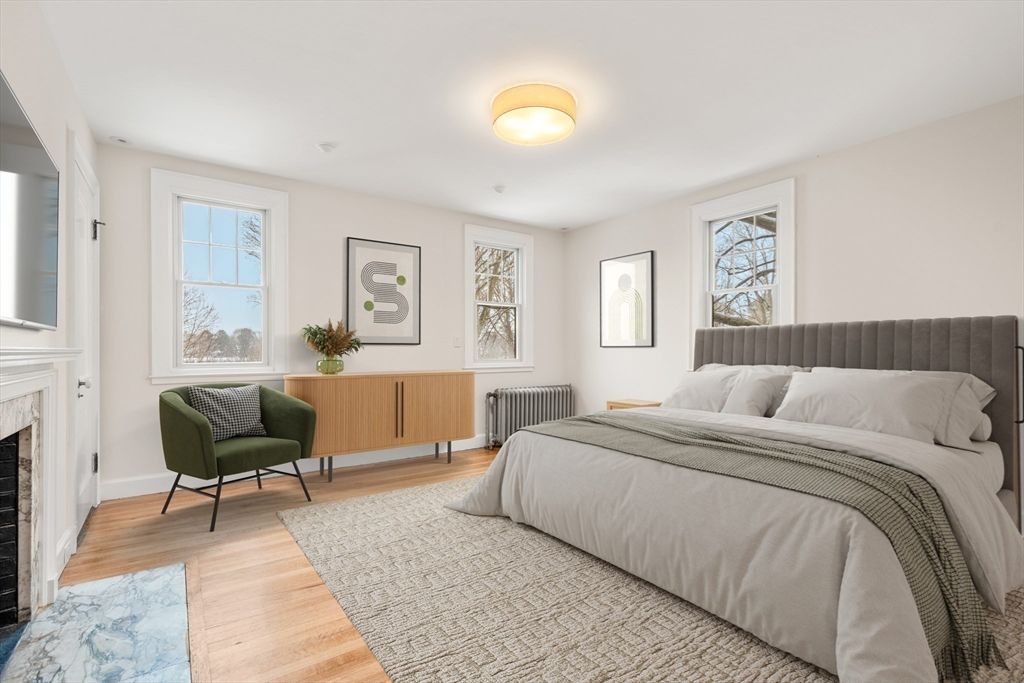 Bedroom, Fireplace, Interior, Wood Texture Flooring