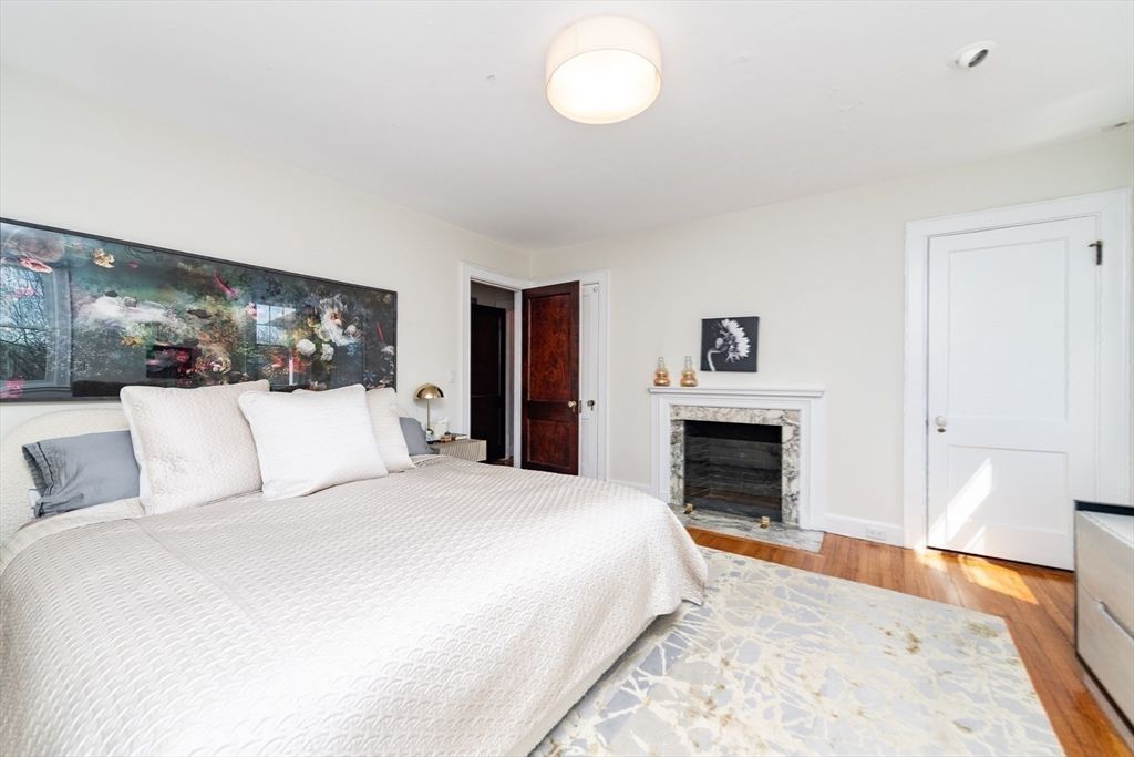 Bedroom, Fireplace, Interior, Wood Texture Flooring