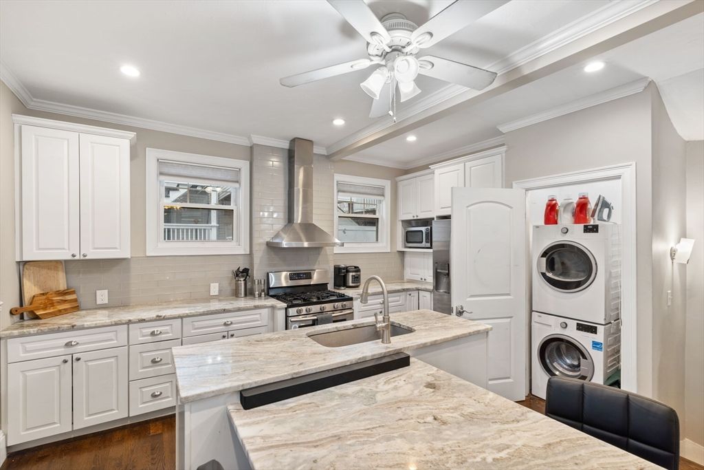 Interior, Kitchen, Recessed Lighting, Stainless Steel Appliances, Washer, Wood Texture Flooring