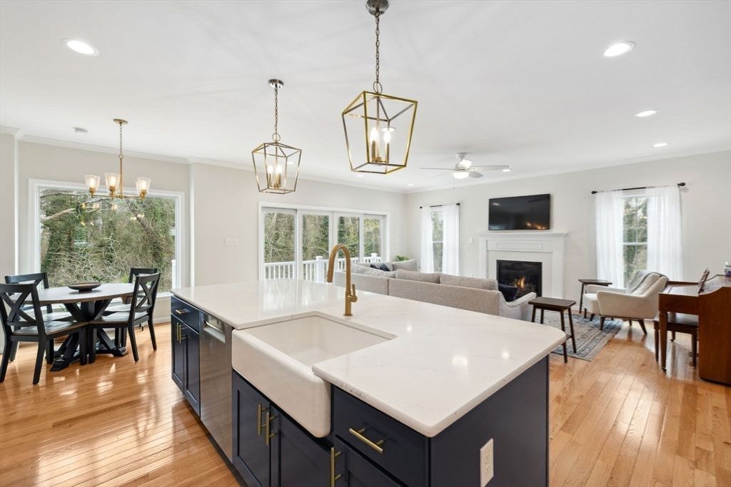 Dining room, Fireplace, Interior, Kitchen, Living room, Pendant Lights, Recessed Lighting, Wood Texture Flooring