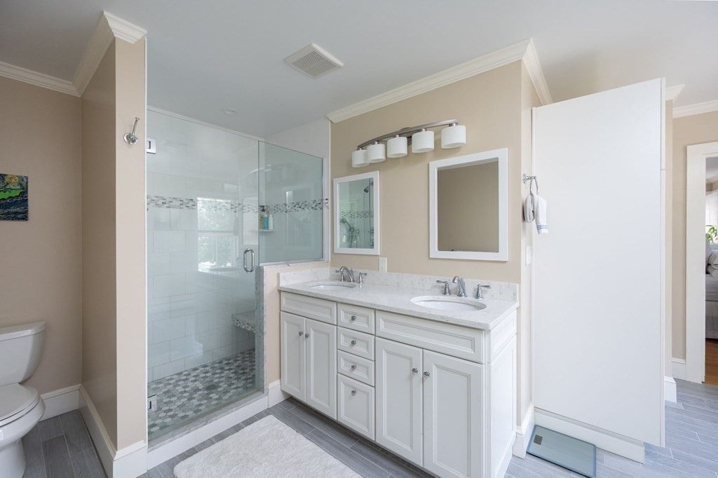 Bathroom, Dual Sink Vanities, Glass Shower, Interior, Wood Texture Flooring