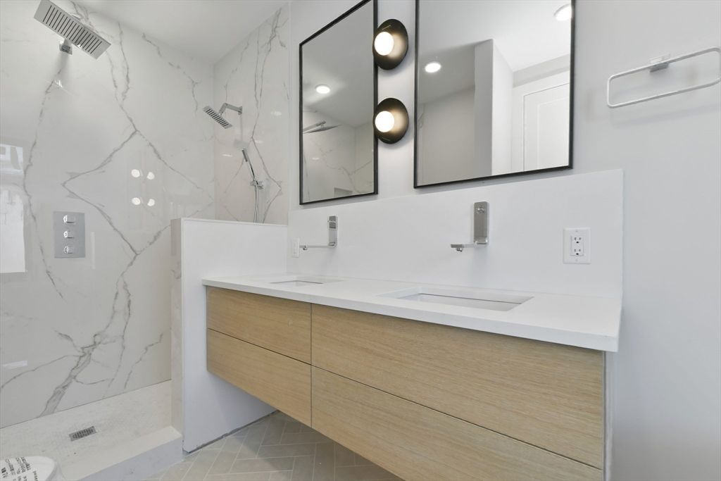 Bathroom, Dual Sink Vanities, Interior, Marble Walls, Recessed Lighting