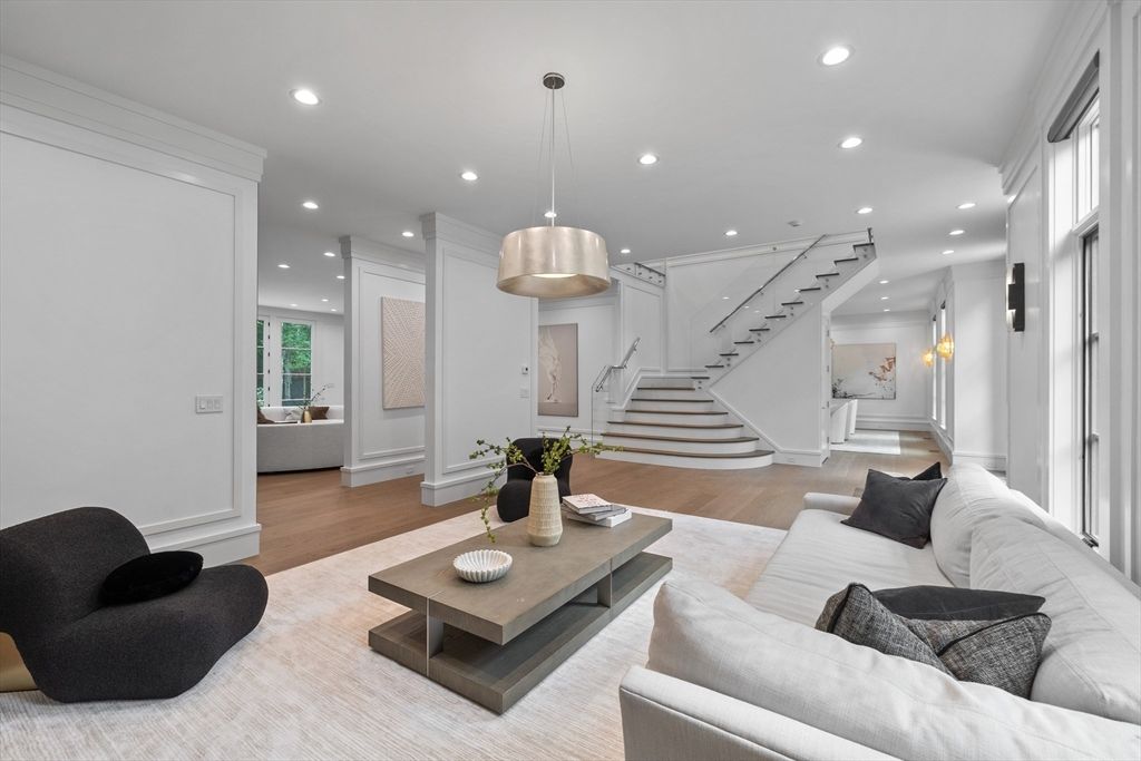 Interior, Living room, Pendant Lights, Recessed Lighting, Wood Texture Flooring