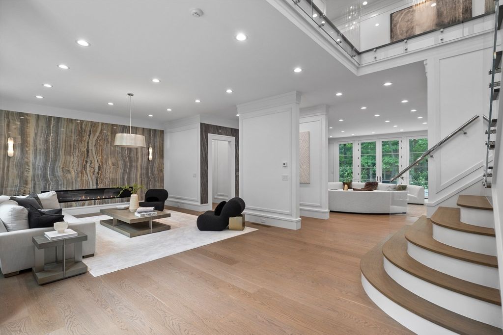 Fireplace, Interior, Living room, Pendant Lights, Recessed Lighting, Wood Texture Flooring