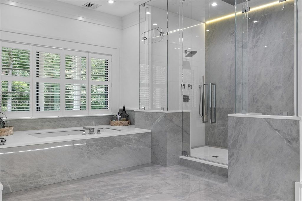Bathroom, Glass Shower, Interior, Marble Walls, Recessed Lighting