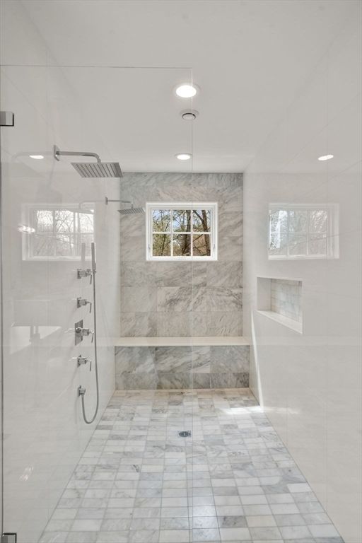 Bathroom, Glass Shower, Interior, Marble, Marble Walls, Recessed Lighting