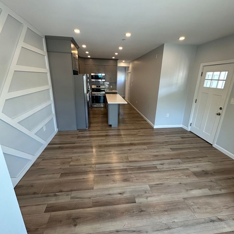 Interior, Kitchen, Recessed Lighting, Stainless Steel Appliances, Wood Texture Flooring