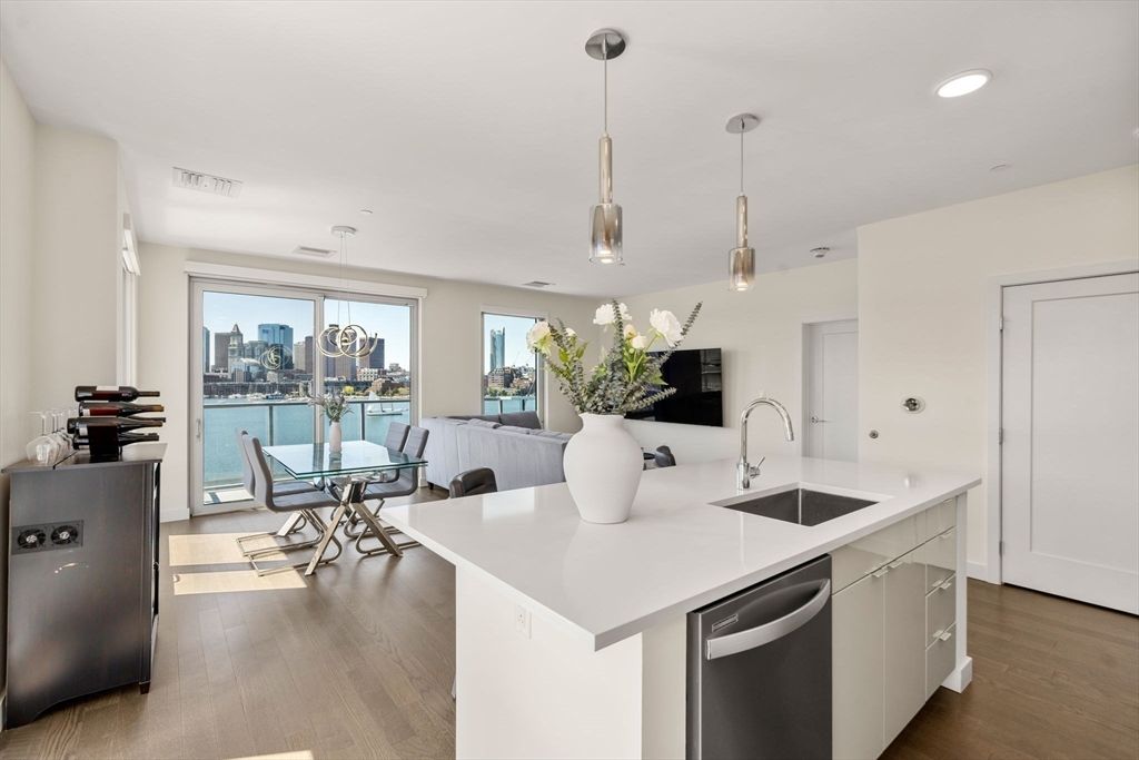 Dining room, Interior, Kitchen, Pendant Lights, Recessed Lighting, Water, Wood Texture Flooring