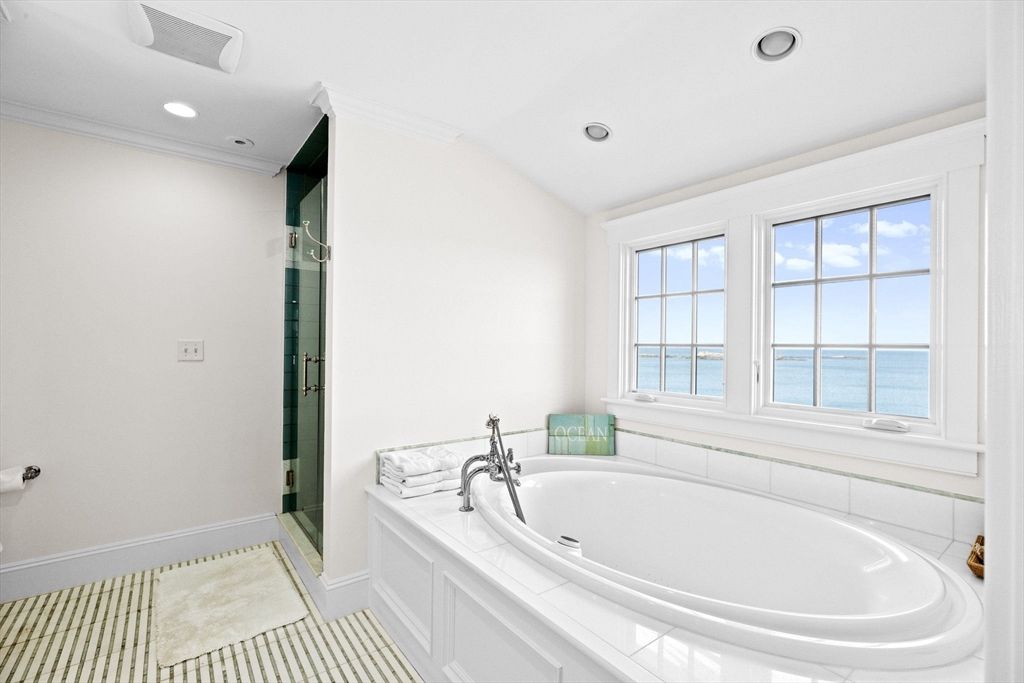 Bathroom, Glass Shower, Interior, Recessed Lighting, Tile Countertops, Water