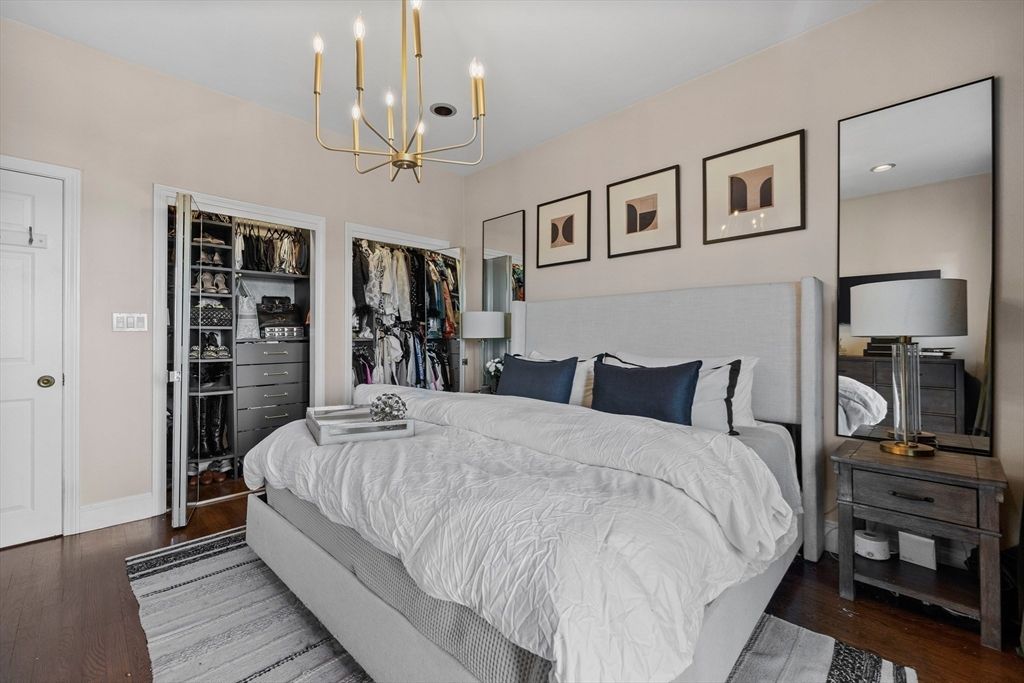 Bedroom, Chandelier, Interior, Recessed Lighting, Wood Texture Flooring