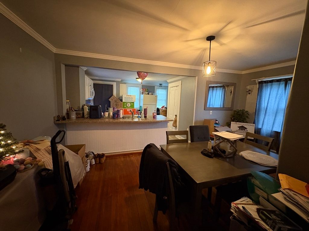 Dining room, Interior, Pendant Lights, Wood Texture Flooring