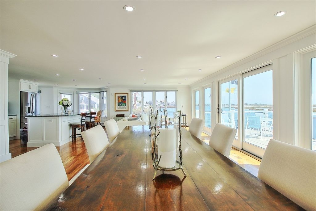 Dining room, Interior, Kitchen, Living room, Recessed Lighting, Water, Wood Texture Flooring