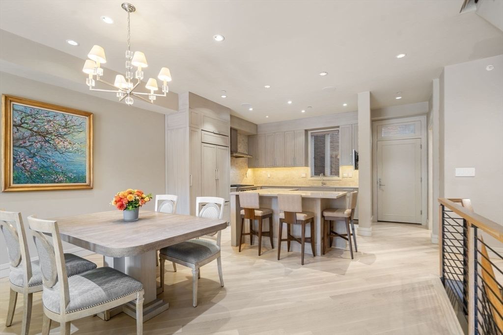 Chandelier, Dining room, Interior, Kitchen, Pendant Lights, Recessed Lighting, Stainless Steel Appliances, Wood Texture Flooring