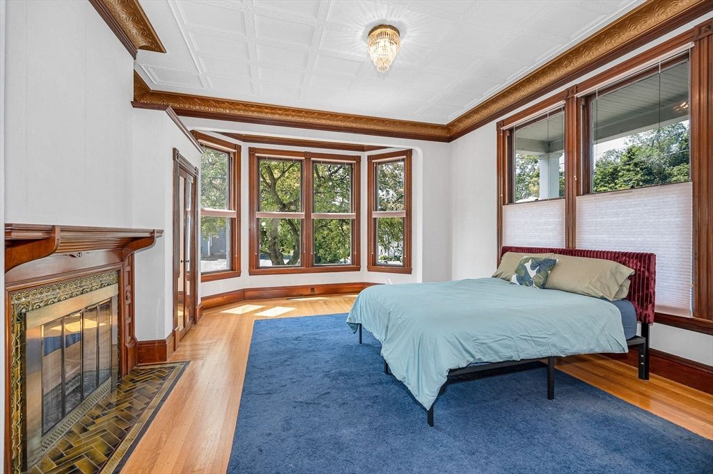 Bedroom, Fireplace, Interior, Wood Texture Flooring