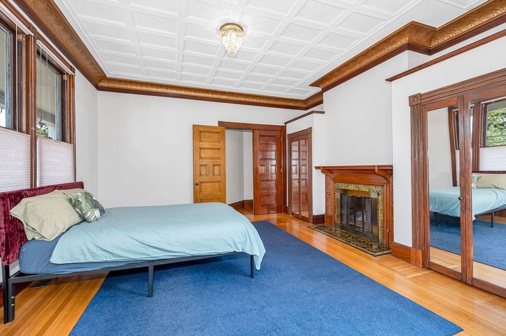 Bedroom, Fireplace, Interior, Wood Texture Flooring