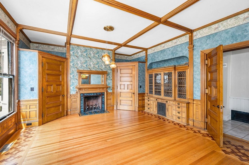 Empty room, Fireplace, Interior, Pendant Lights, Wood Texture Flooring