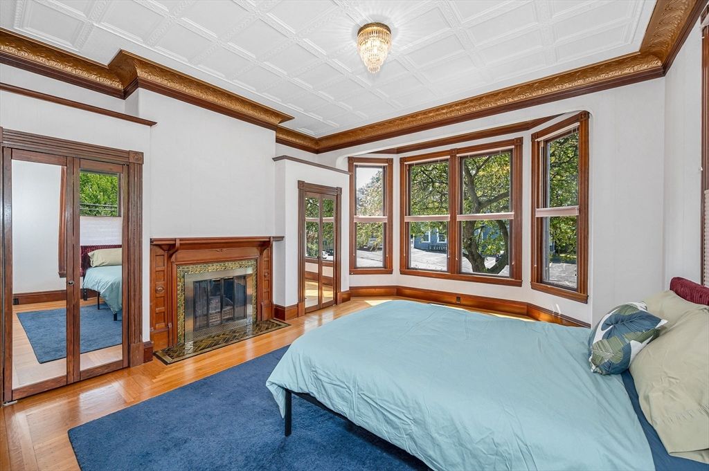 Bedroom, Fireplace, Interior, Wood Texture Flooring