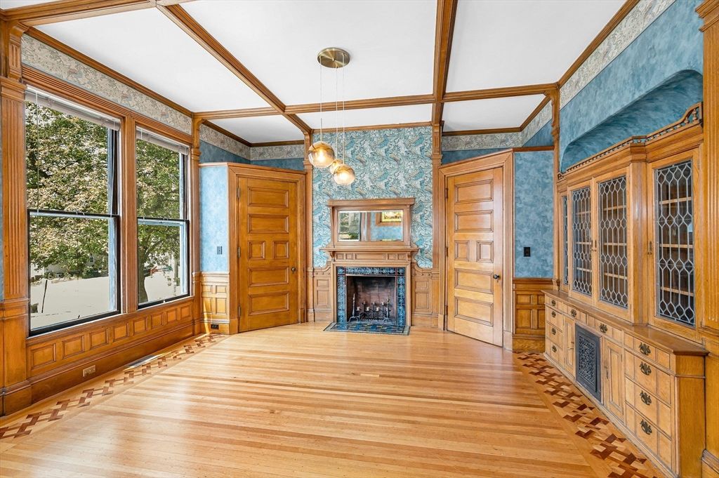Empty room, Fireplace, Interior, Pendant Lights, Wooden Beams, Wood Texture Flooring, Wooden Walls