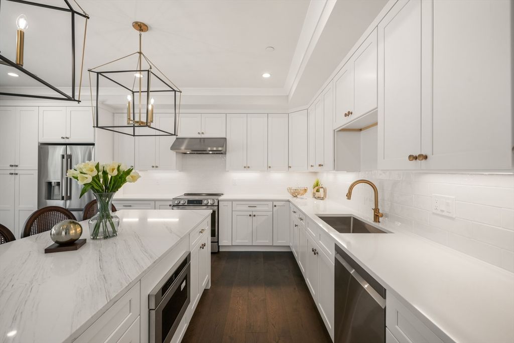 Interior, Kitchen, Pendant Lights, Recessed Lighting, Stainless Steel Appliances, Wood Texture Flooring