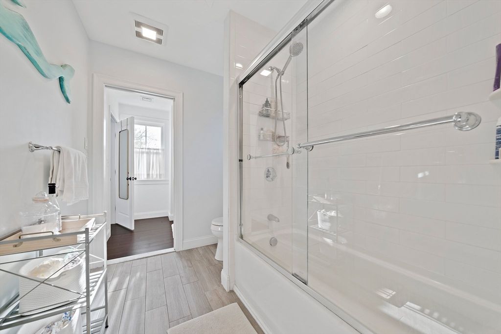 Bathroom, Glass Shower, Interior, Wood Texture Flooring