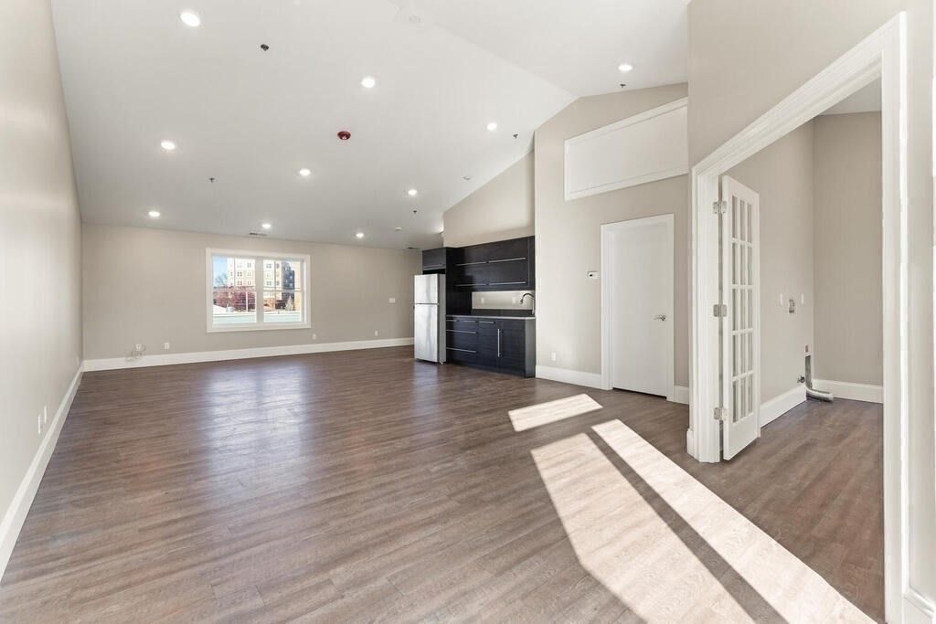Empty room, Interior, Kitchen, Recessed Lighting, Wood Texture Flooring