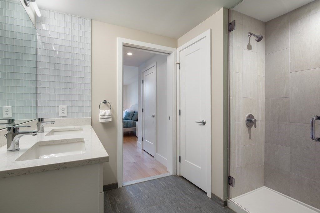 Bathroom, Glass Shower, Interior, Recessed Lighting, Wood Texture Flooring
