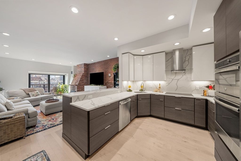 Interior, Kitchen, Living room, Marble Walls, Recessed Lighting, Stainless Steel Appliances, Stone Walls, Wood Texture Flooring