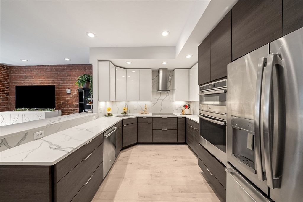 Interior, Kitchen, Recessed Lighting, Stainless Steel Appliances, Stone Walls, Wood Texture Flooring