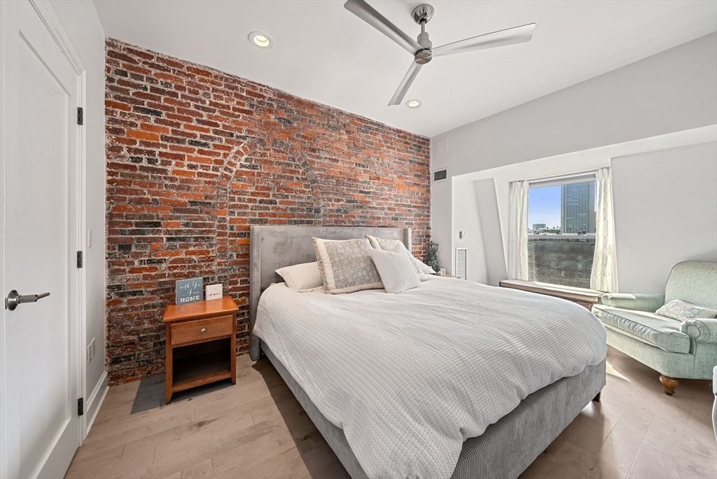 Bedroom, Interior, Recessed Lighting, Stone Walls, Wood Texture Flooring