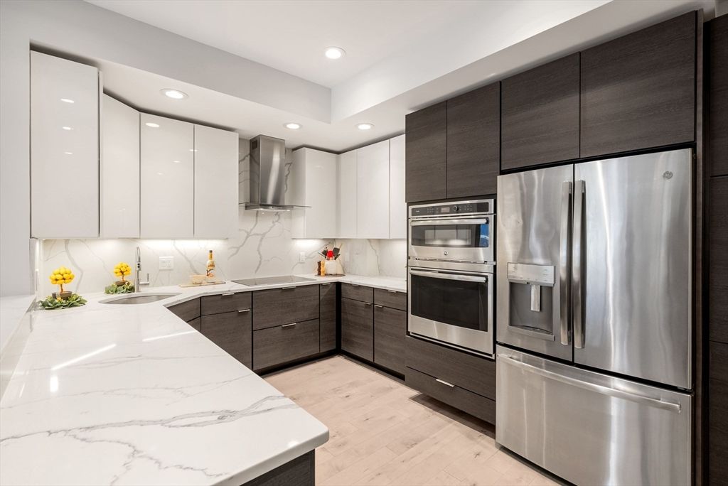 Interior, Kitchen, Recessed Lighting, Stainless Steel Appliances, Wood Texture Flooring