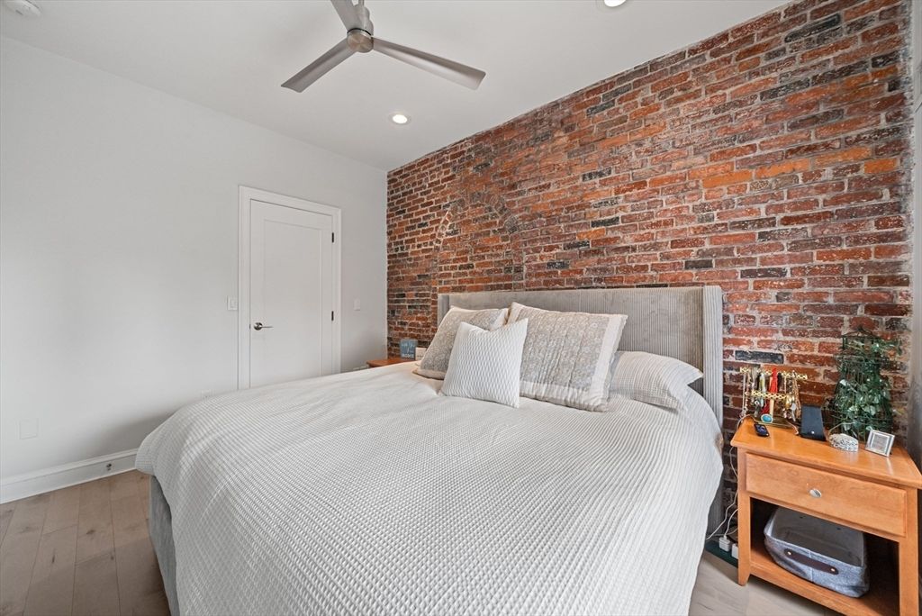 Bedroom, Interior, Recessed Lighting, Stone Walls, Wood Texture Flooring