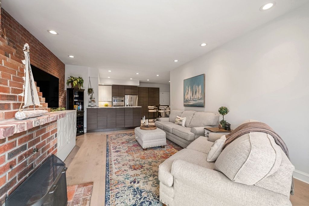 Interior, Kitchen, Living room, Recessed Lighting, Stainless Steel Appliances, Stone Walls, Wood Texture Flooring