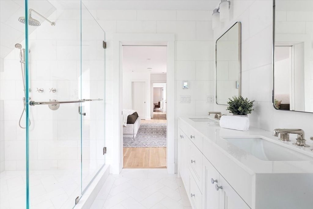 Bathroom, Dual Sink Vanities, Glass Shower, Interior, Marble, Wood Texture Flooring