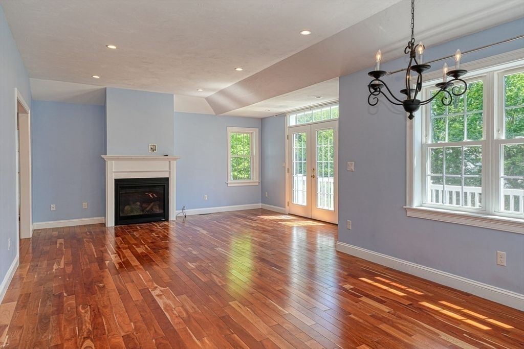 Chandelier, Empty room, Fireplace, Interior, Recessed Lighting, Wood Texture Flooring