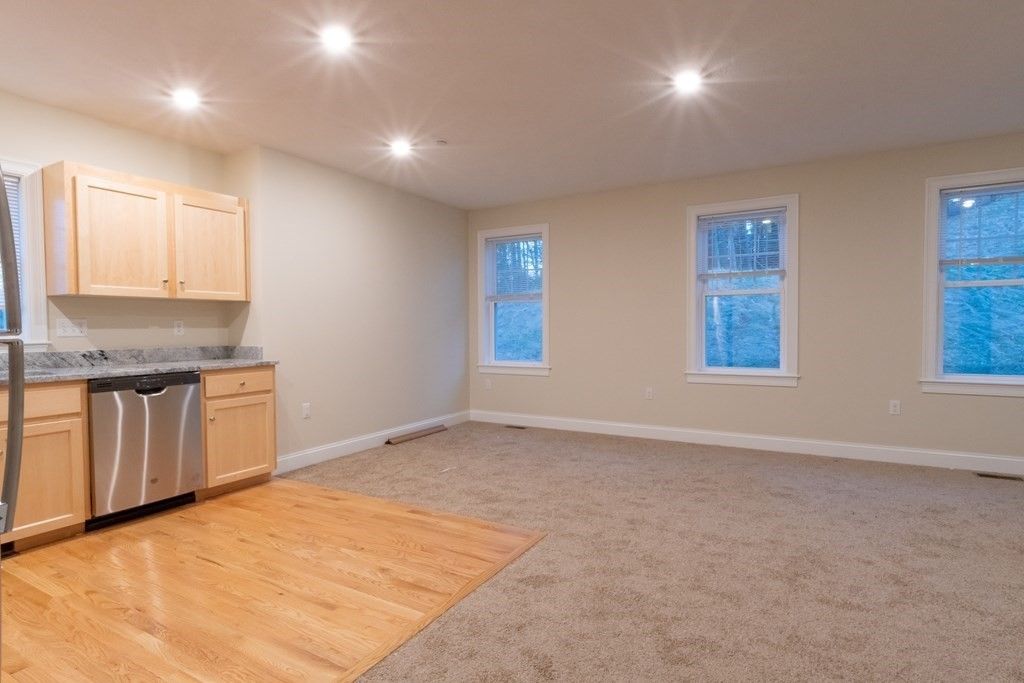 Empty room, Interior, Kitchen, Recessed Lighting, Stainless Steel Appliances, Wood Texture Flooring