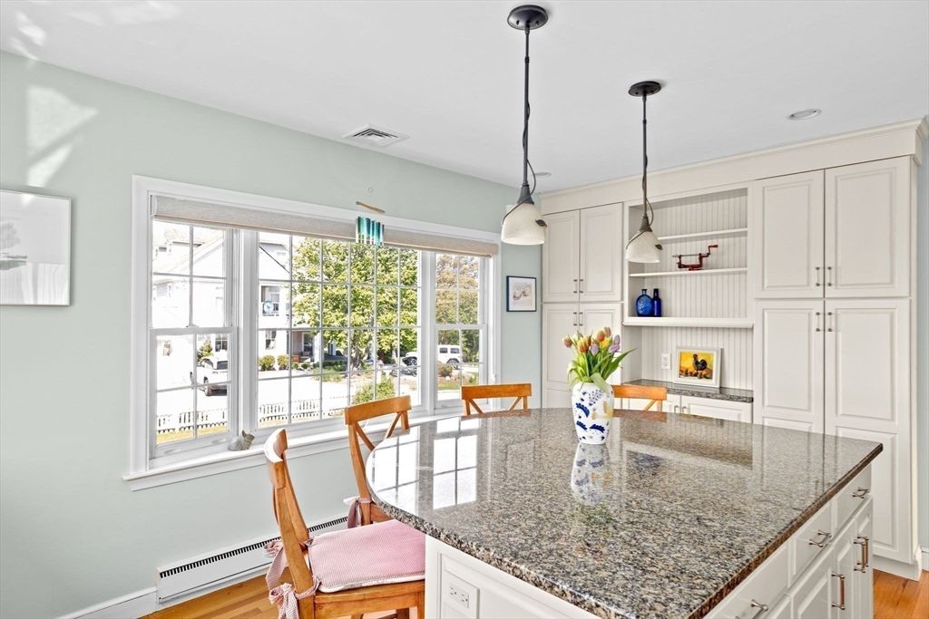 Dining room, Fireplace, Interior, Kitchen, Pendant Lights, Wood Texture Flooring