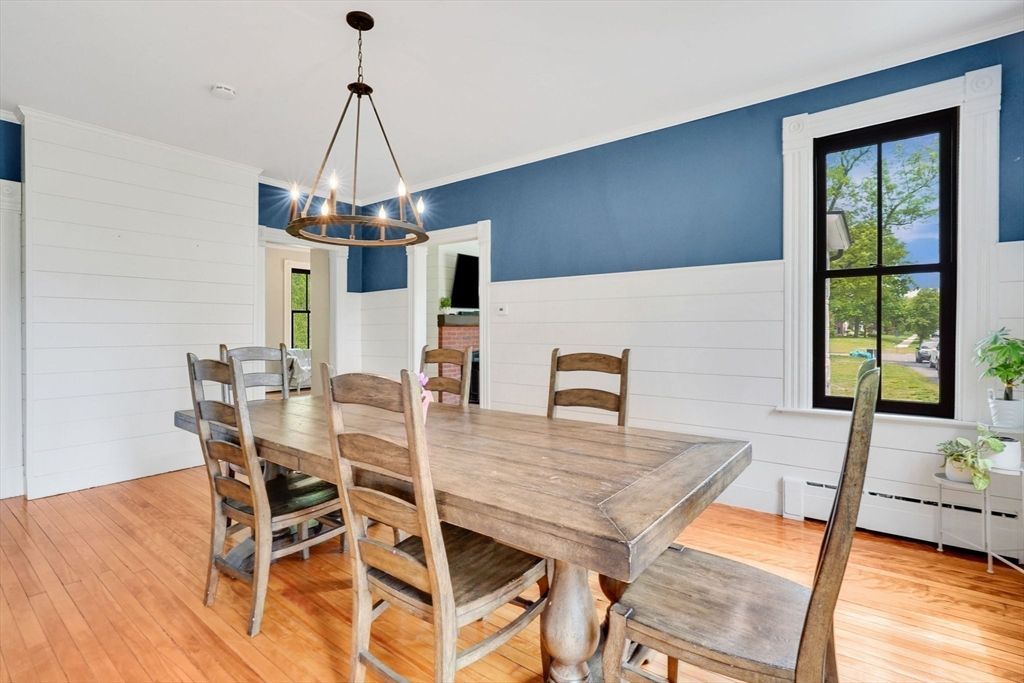 Dining room, Interior, Pendant Lights, Wood Texture Flooring