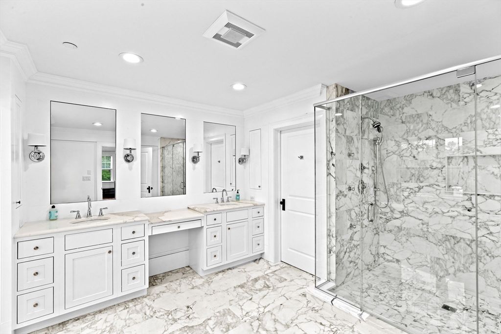 Bathroom, Dual Sink Vanities, Glass Shower, Interior, Marble, Marble Walls, Recessed Lighting