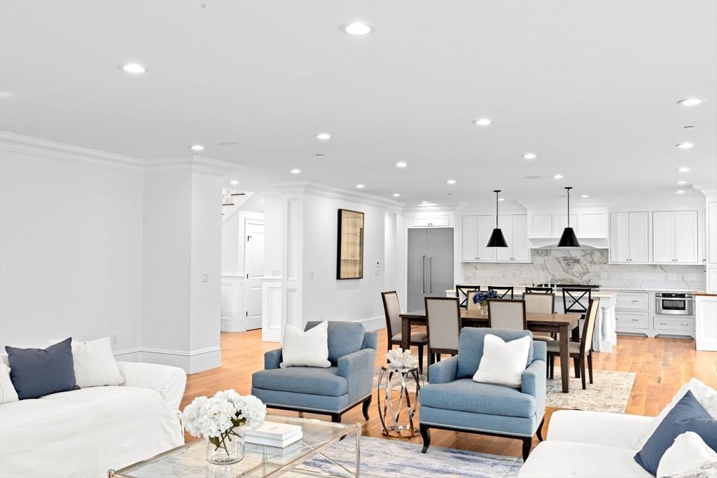 Dining room, Interior, Kitchen, Living room, Pendant Lights, Recessed Lighting, Stainless Steel Appliances, Wood Texture Flooring