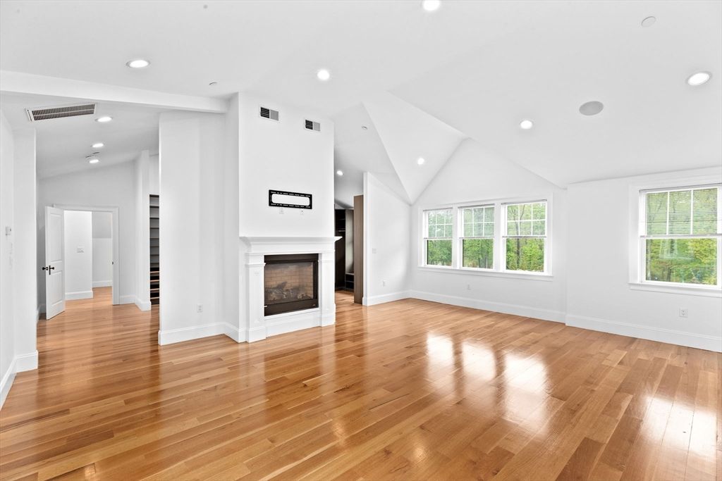 Empty room, Fireplace, Interior, Recessed Lighting, Wood Texture Flooring