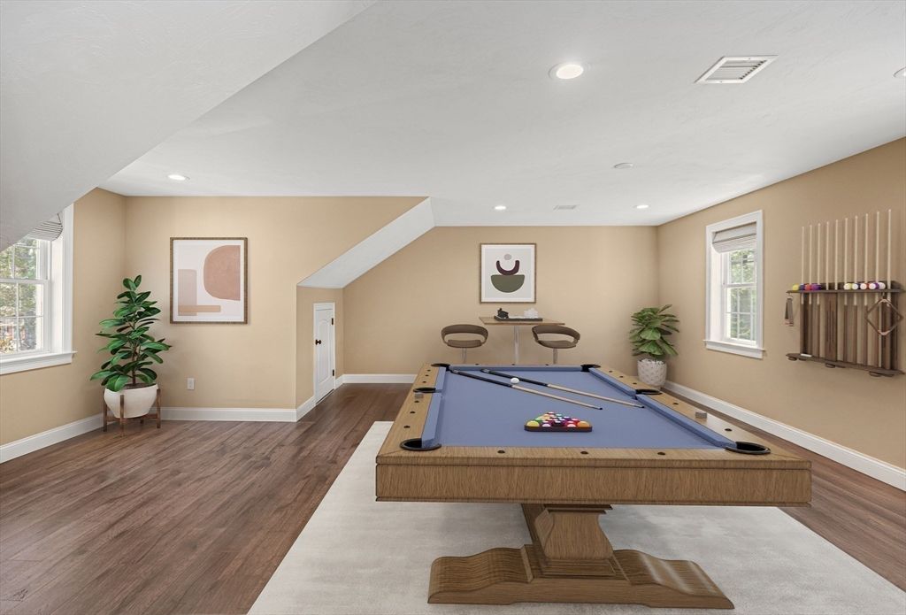 Billiard Table, Game Room, Interior, Recessed Lighting, Wood Texture Flooring