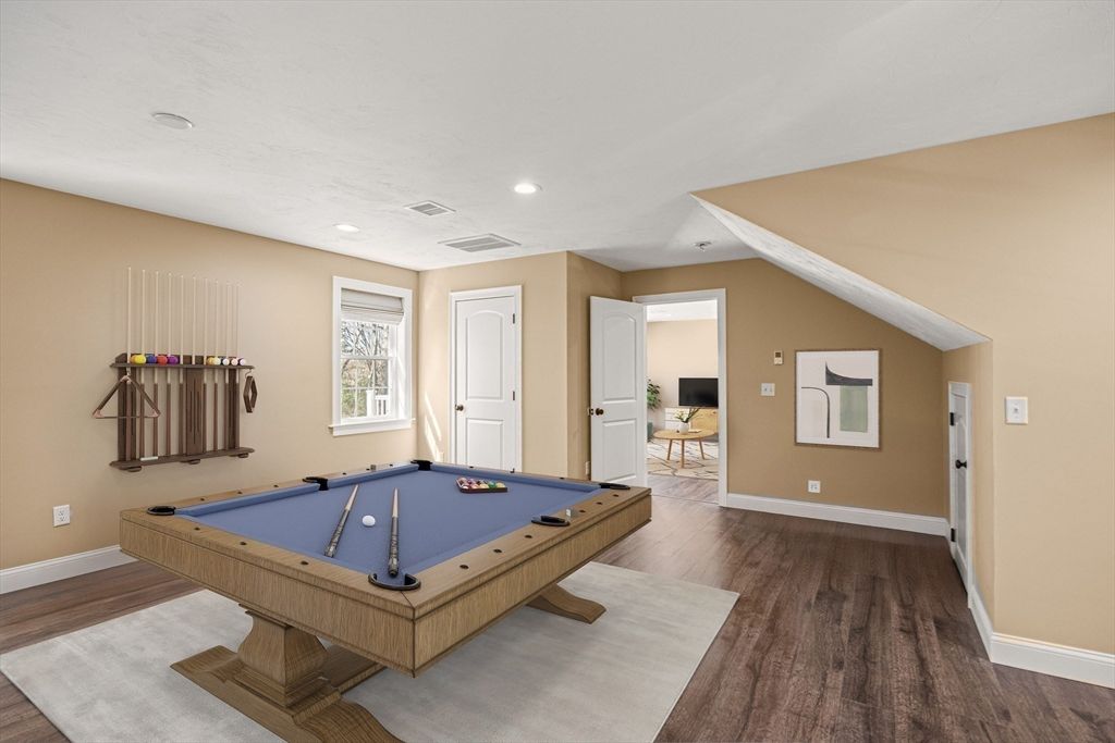 Billiard Table, Game Room, Interior, Recessed Lighting, Wood Texture Flooring