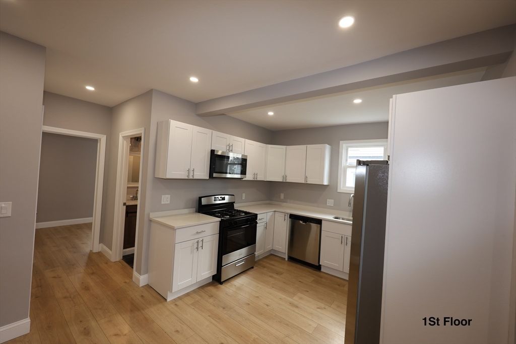 Interior, Kitchen, Recessed Lighting, Stainless Steel Appliances, Wood Texture Flooring